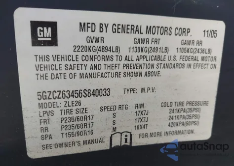 2006 Saturn Vue V6 z USA, uszkodzony, nr VIN 5GZCZ63456S840033